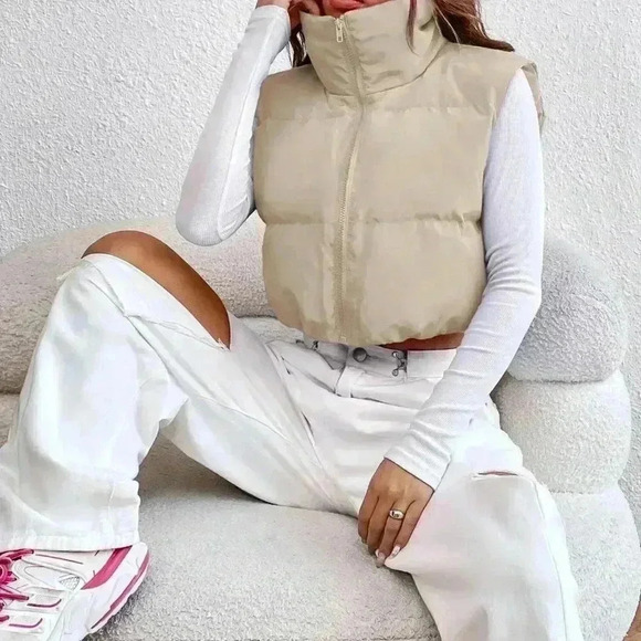 Casual Women's Zipper Front Vest Puffer Khaki Coat - Picture 4 of 4